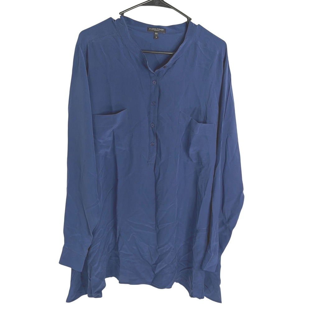 Eileen Fisher Womans Silk Minimalist Luxury Professional Henley Blouse Blue 1X